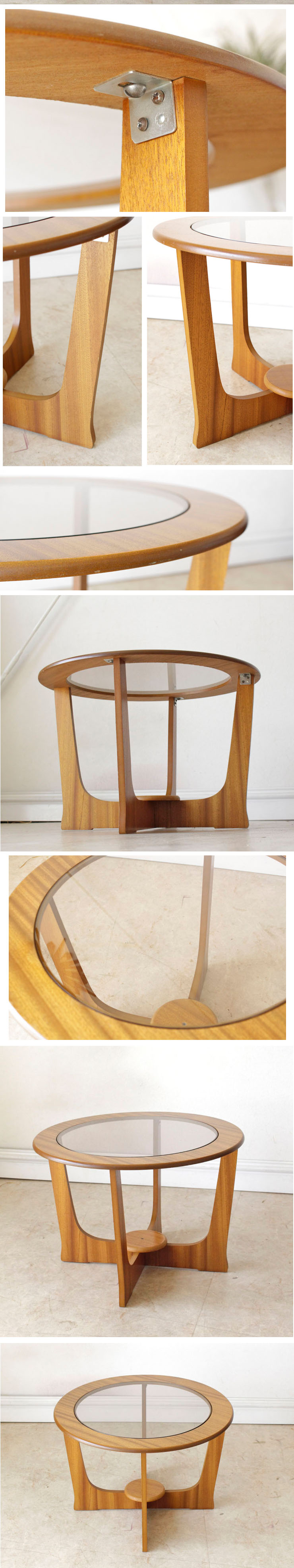 イギリス・コーヒーテーブル・ガラス・サイドテーブル・ラウンド・ミッドセンチュリー・ビンテージ・アンティーク