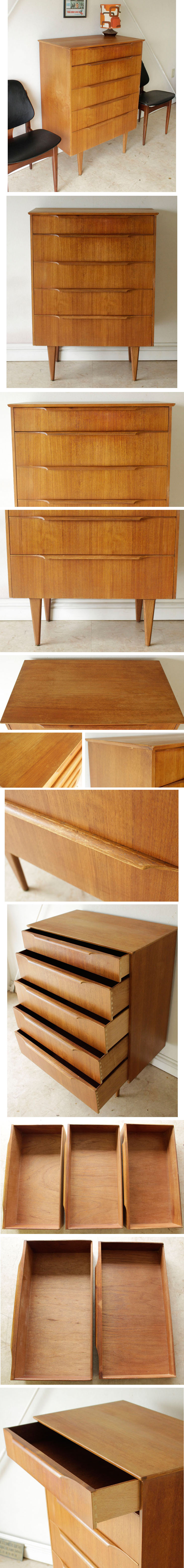 英国ヴィンテージ チーク 5段チェスト ビンテージチークの色味や味わいが楽しめる、イギリス製ビンテージ