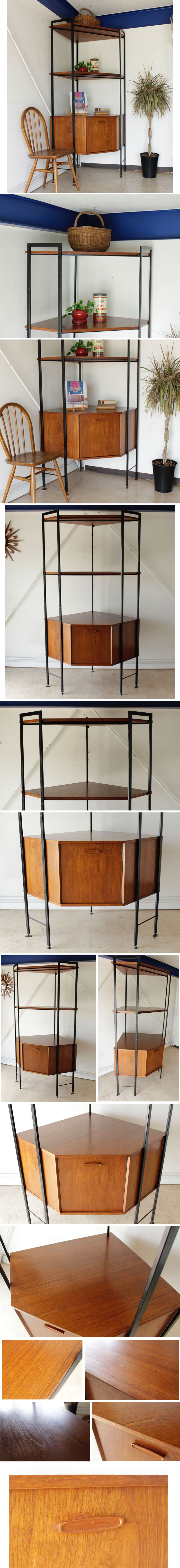 イギリス・コーナーキャビネット・シェルフ・チーク・アイアンレッグ・収納・ビンテージ・アンティーク