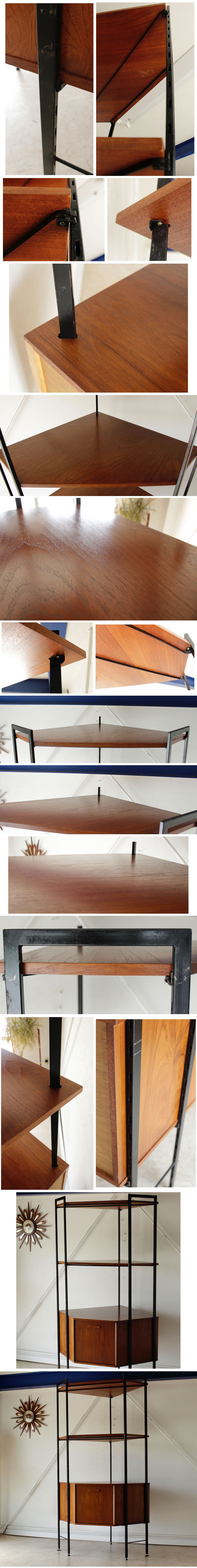 イギリス・コーナーキャビネット・シェルフ・チーク・アイアンレッグ・収納・ビンテージ・アンティーク